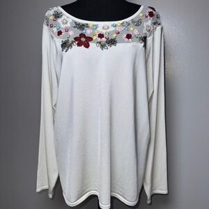 Victor Costa Occasion Floral Embroidered Beaded Mesh‎ Neck Sweater Ivory 1X